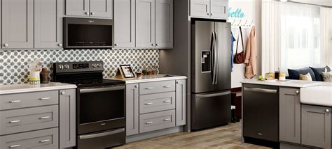 light gray cabinets with black stainless steel appliances|black stainless steel color cabinets.